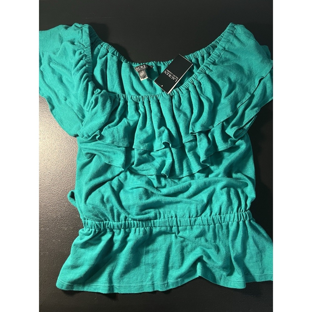 $115 NWT Ralph Lauren Women's Green Peplum Jersey  Off-the-Shoulder Top Size L - Picture 6 of 9